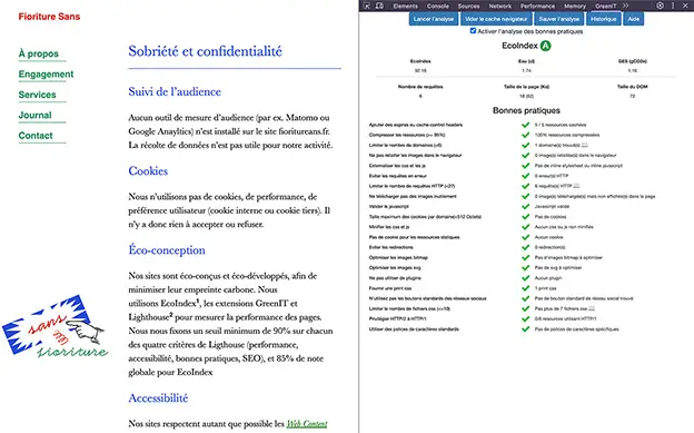 Capture d’écran de la page Sobriété et confidentialité avec la fenêtre de l’extension GreenIT